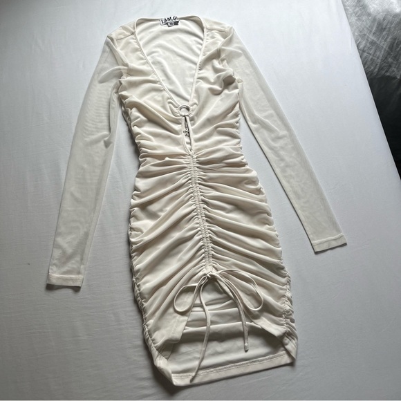 I AM GIA off white mesh knit ruched bodycon cutout long sleeve mini dress